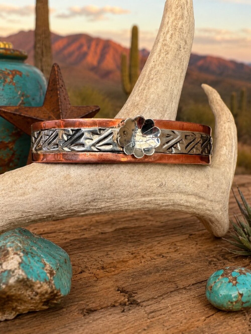 Southwestern Copper & Sterling Silver Flower Cuff Bracelet Native Made